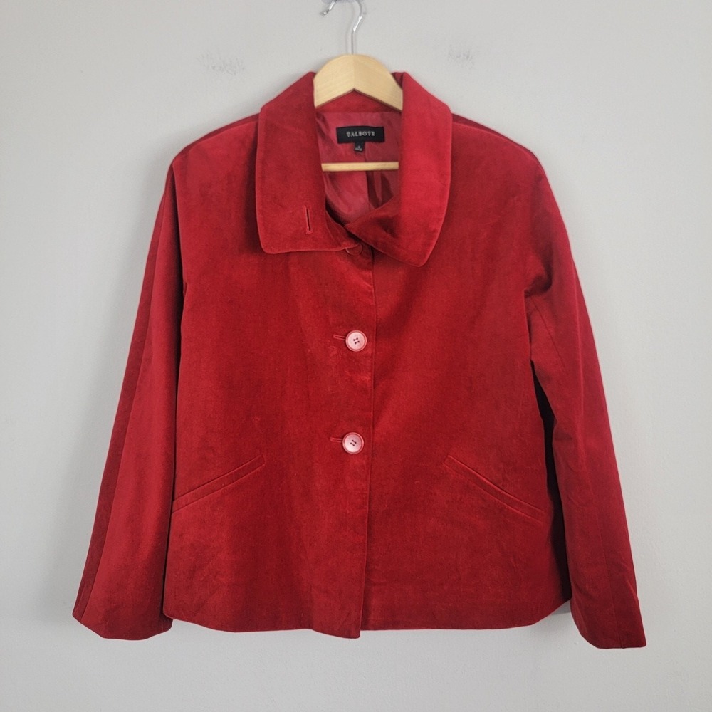 Talbots Velvet Blazer Jacket Womens 4 Red Button Up Single Breasted Long Sleeve